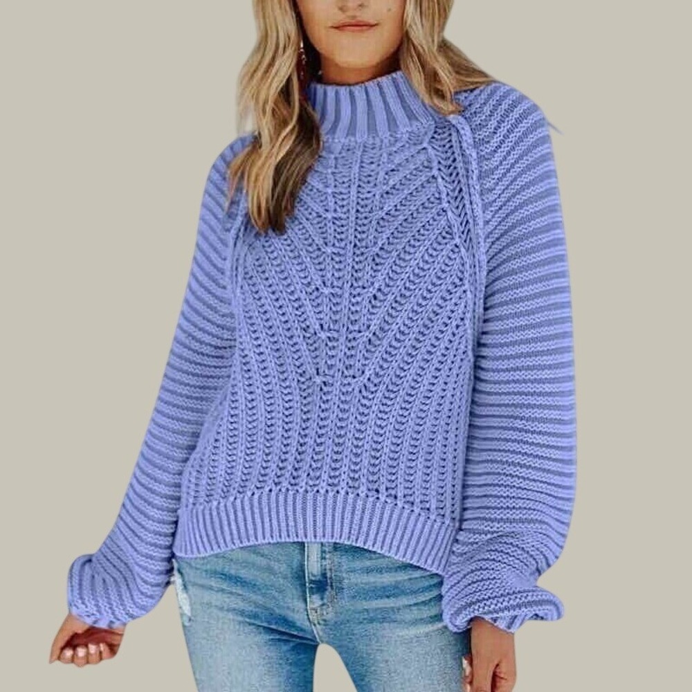 Free People Sweater Chunky Cable Knit Mock Neck Cotton Blue Balloon Sleeve Small
